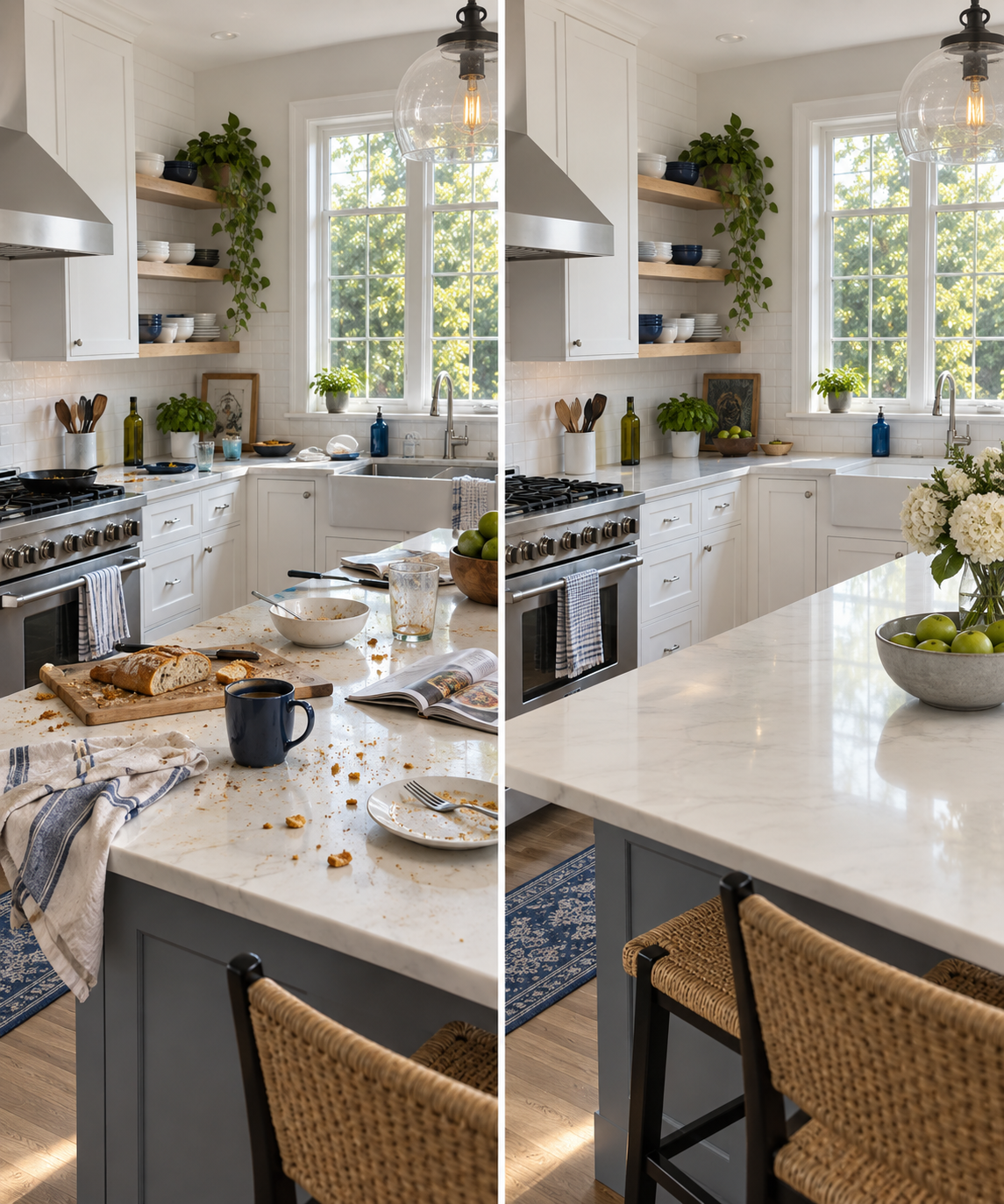 Before and after result of a detailed residential kitchen cleaning