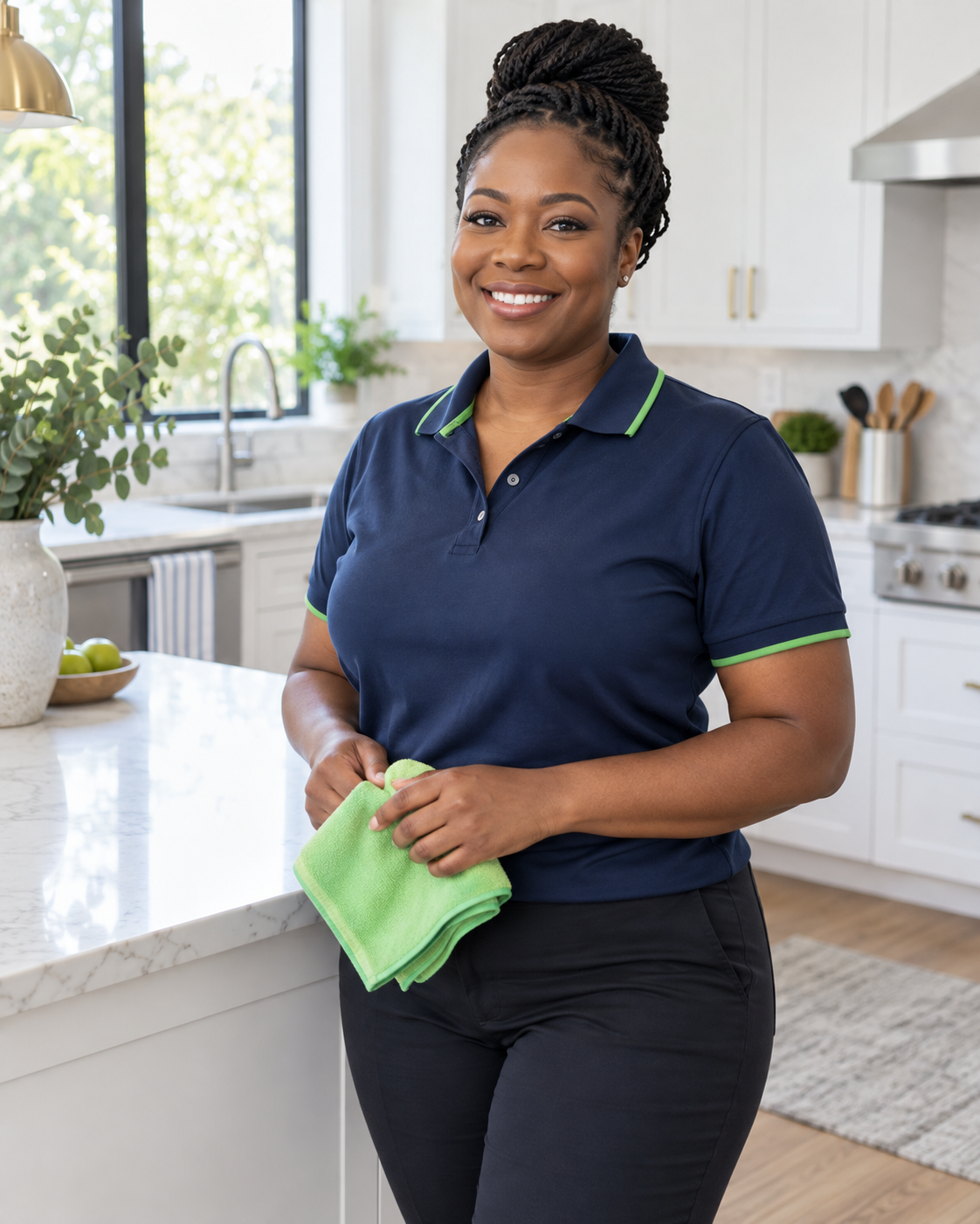 Friendly Mt1Stop Cleaning professional in a bright kitchen